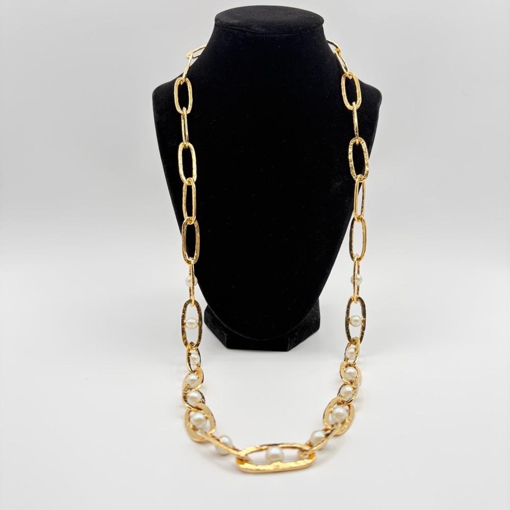 Gold Tone Hammered Link Faux Pearl Long Statement Necklace